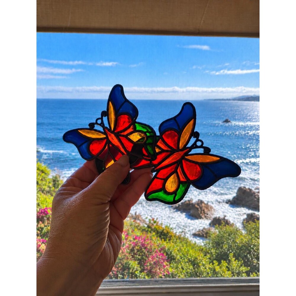 Set of 2 Butterfly Suncatchers Stained Glass Style Window Decor 3.5"